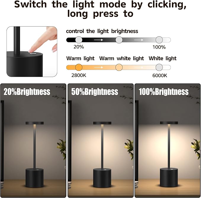 2Pack Cordless Table Lamp, Rechargeable LED Battery 5000mAh Metal USB Portable - Image 2