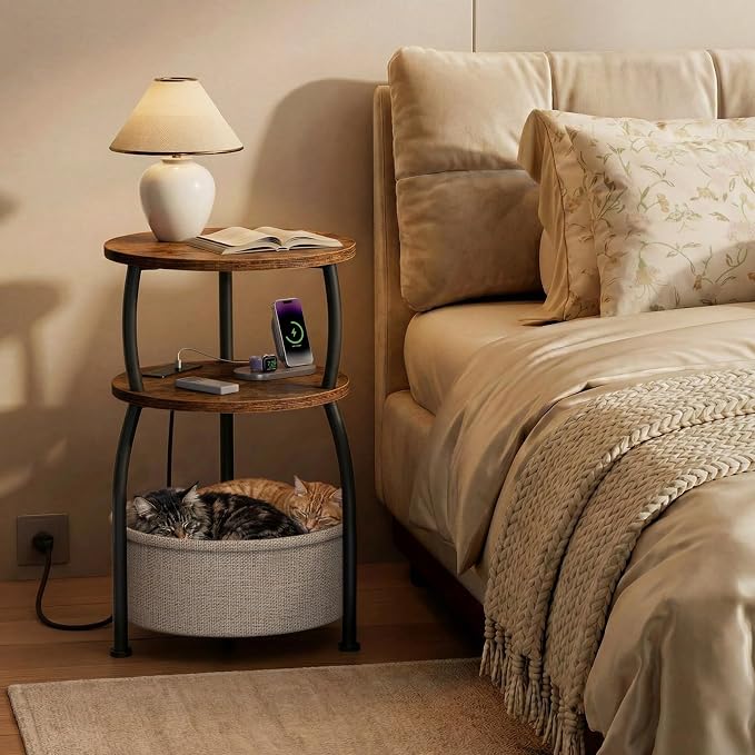 Round Side Table with Charging Station, USB Type C Port, 3 Tiers Sofa Couch - Image 4