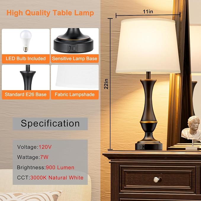 Seealle Upgraded Touch Lamps for Bedrooms Set of 2 - Image 6