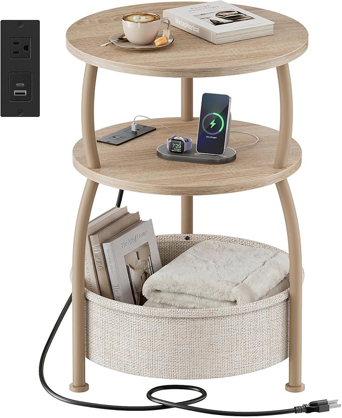 Round Side Table with Charging Station, USB Type C Port, Oak | End Table with by designyourhome