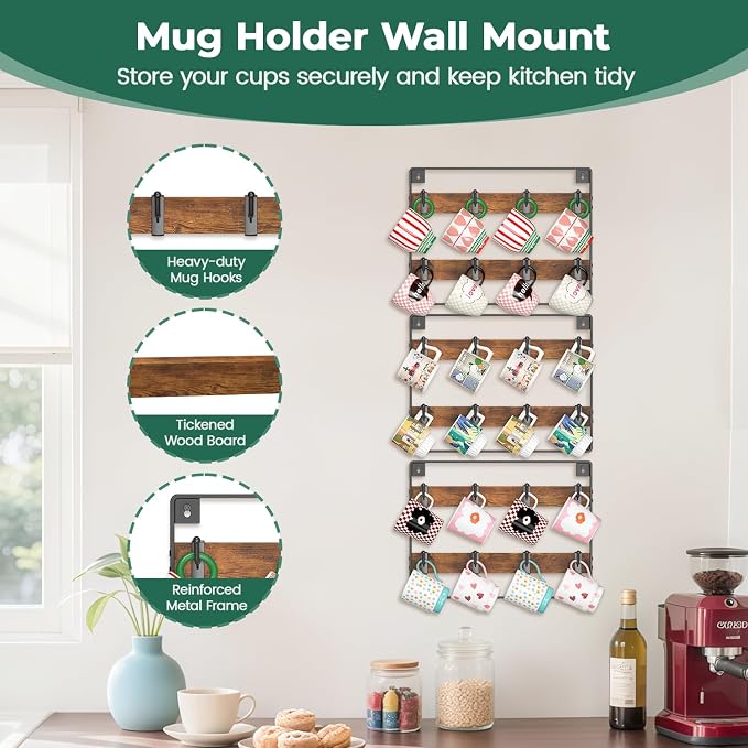 EsLuker.ly Mug Holder Hanger Rack Wall Mounted Wooden 3 Pack Coffee Cup Storage - Image 3