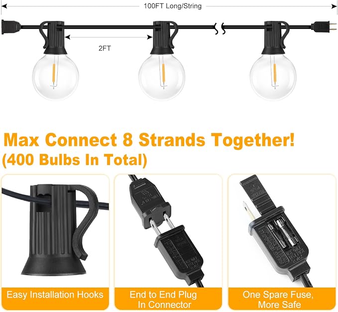200ft Outdoor G40 LED Globe String Lights Dimmable Waterproof Shatterproof - Image 5
