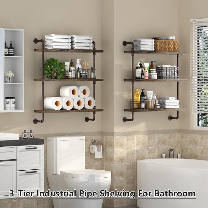 Helsin 3 Tier Industrial Pipe Shelf Rustic Wood Floating Shelves, Wall Display - Image 2