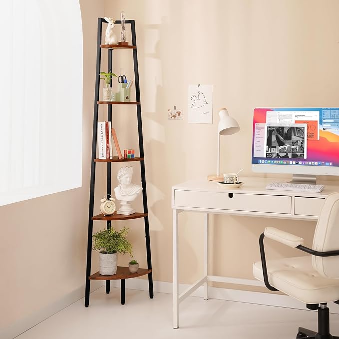 Yoobure 5‑Tier Corner Shelf – Sturdy Metal Frame & Wood Ladder Bookshelf - Image 3