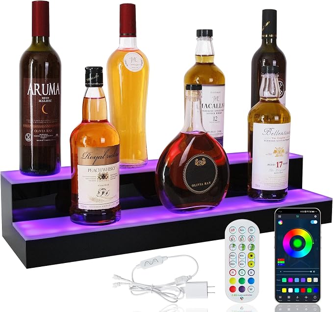 LED Lighted Liquor Bottle Display Shelf, 2 Tiers 24 Inch Bar Bottle Display by ClarityCraze