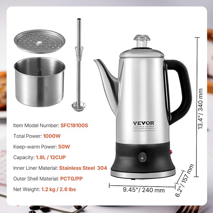 VEVOR 12-Cup Electric Percolator Coffee Pot, 304 Stainless Steel Body Coffee - Image 8