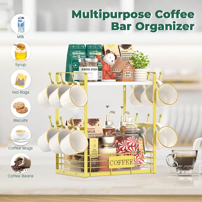 EsLuker.ly Coffee Mug Cup Holder Tree Bar Station Organizer, 2 Tier Mug Stand - Image 3