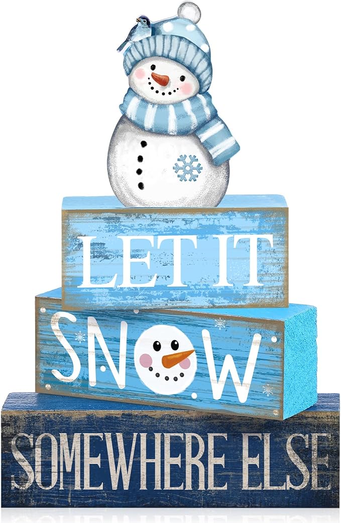 Lineshading 4 Pcs Snowman Christmas Table Decorations Blue and White Wooden by Lineshading