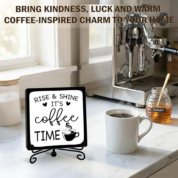 Minimalism Coffee Bar Decor, Rise & Shine It's Coffee Time Wood Plaque - Image 3