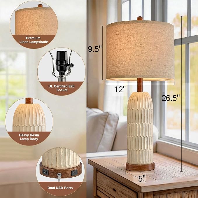 OYEARS 26.5" Bedside Table Lamps Set of 2, Farmhouse Table Lamp - Image 3