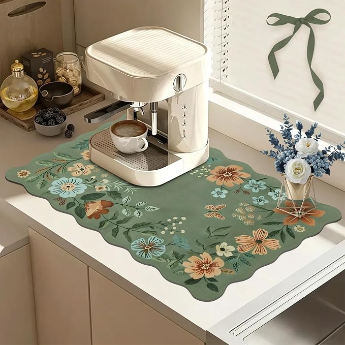 Scalloped Bohemian Boho Floral Flower Coffee Bar Mat Dish Drying Mats by CQKEDMA