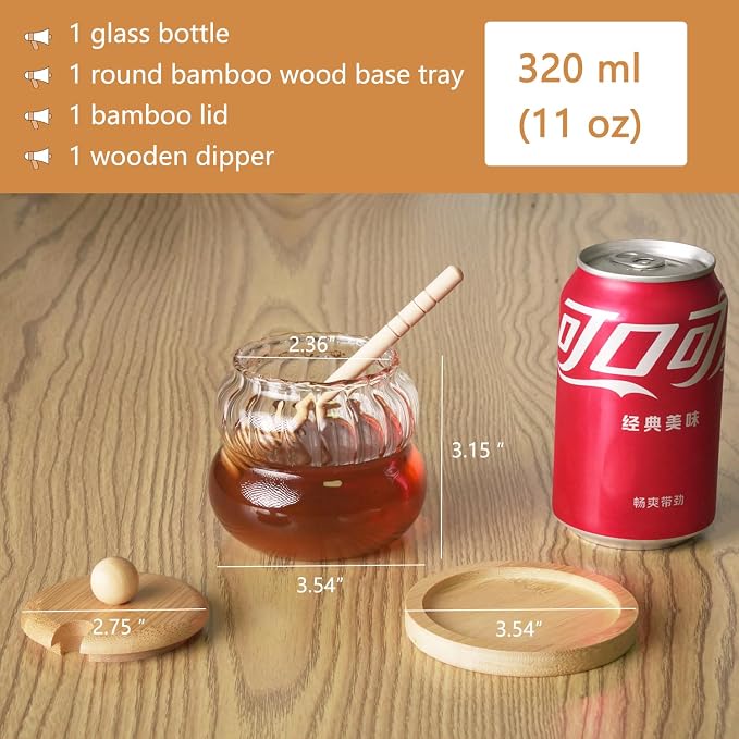 Pot with Dipper and Lid, 11oz Glass Jar with Wooden Base Tray and Wooden Lid - Image 3
