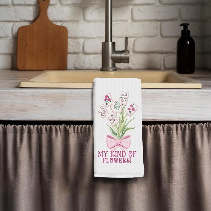 Mahjong Gifts Kitchen Towels, Flower Bouquet Mah Jong Dish Tea Hand Towels - Image 3