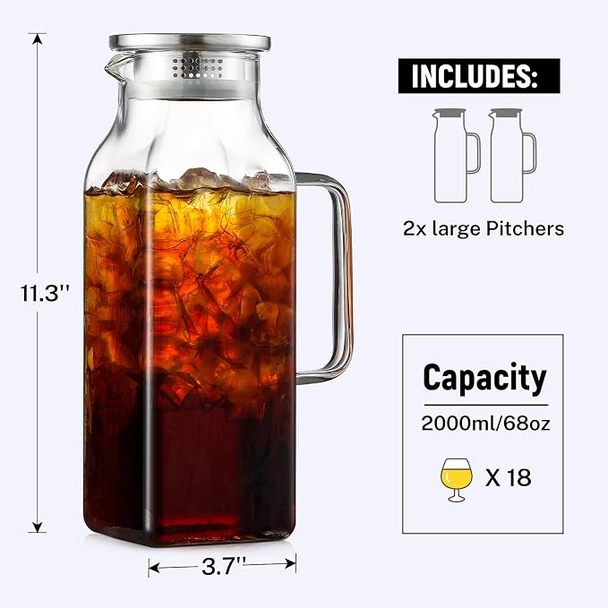 Netany 3 Pack 2 Liters/68 oz Square Glass Pitcher - Image 2