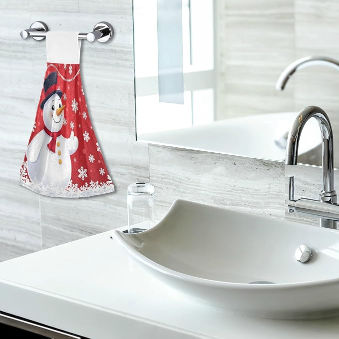Christmas Winter Snowman Kitchen Hanging Towel Red Snowflakes Hand Fingertip - Image 7