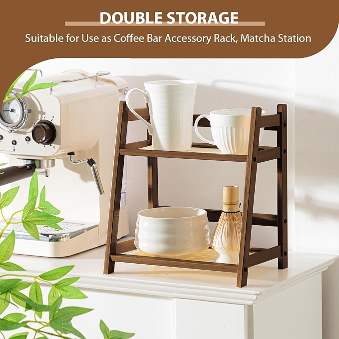 Yalikop 1 Pcs 2 Tier Matcha Station Shelf Bamboo Coffee Mug Stand Countertop - Image 2