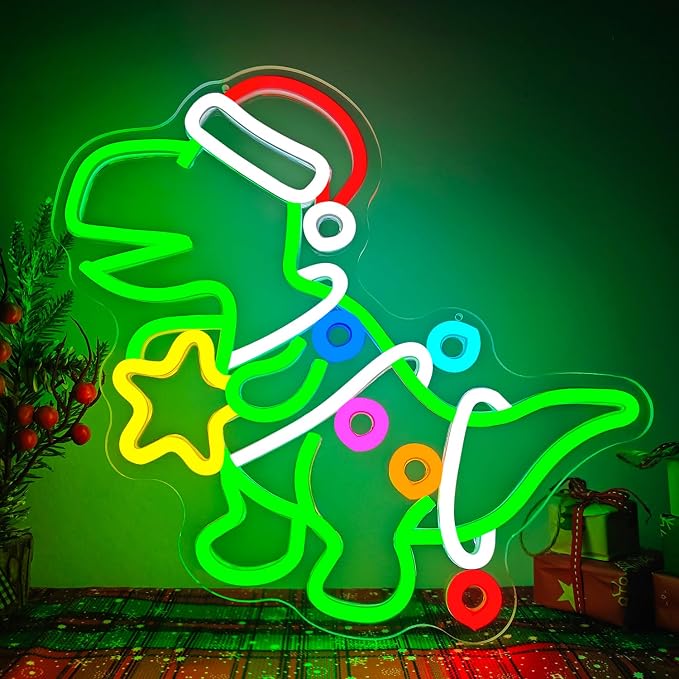 Christmas Dinosaur Neon Sign Green Dinosaur Ornament LED Sign by JeanchrlNEONLIGHTUPSIGNS