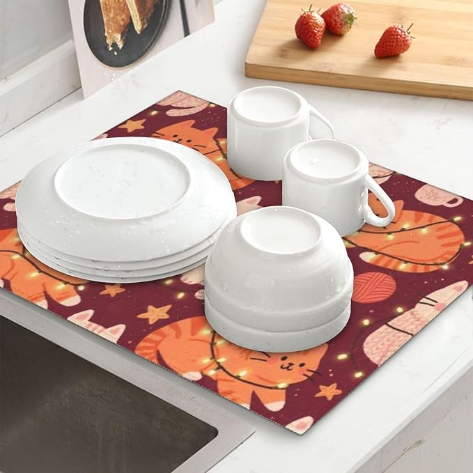 Drying Mat For Kitchen Dish Drying Drainer Mat Absorbent Cats String Lights - Image 2
