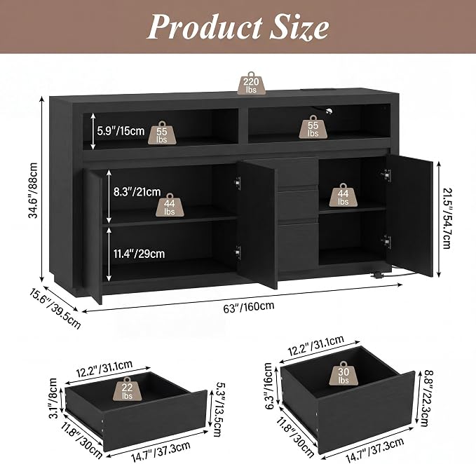 FOTOSOK 63" Sideboard Buffet Cabinet - Image 2