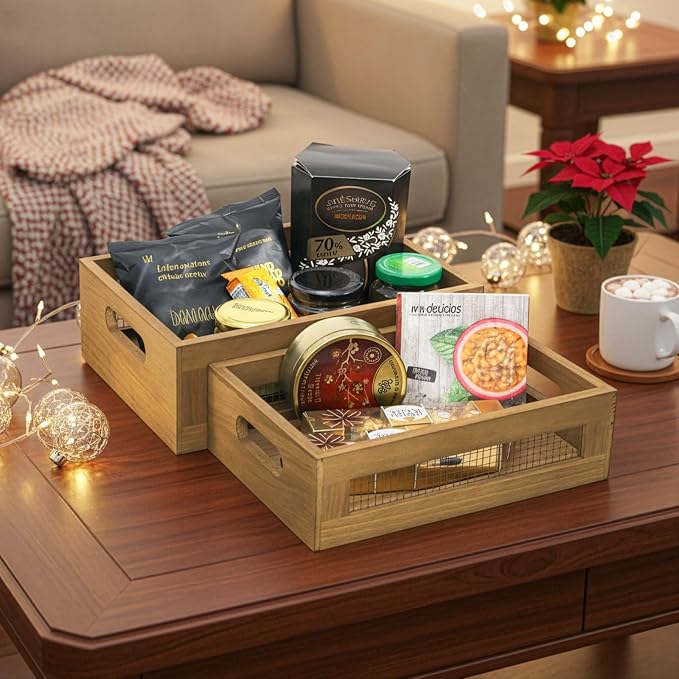 Dicunoy Set of 2 Decorative Wooden Crates, Rustic Countertop Nesting Basket - Image 7