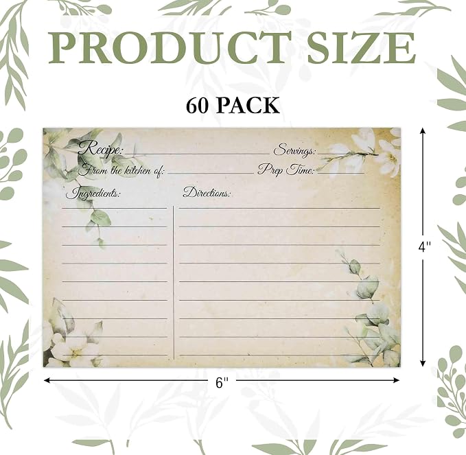 Gift Boutique 60 Pack Eucalyptus Floral Recipe Cards 4" x 6" Double Sided Blank - Image 2
