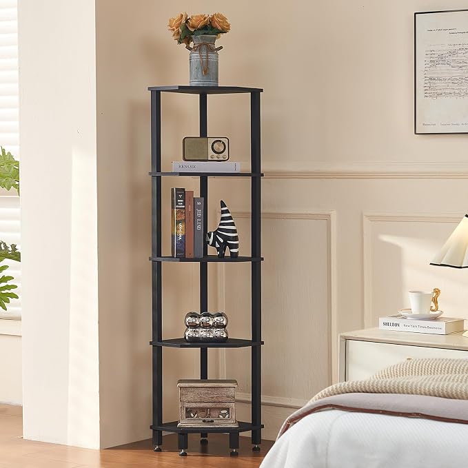 YUFAM 5-Tier Corner Shelf with Sturdy 5-Leg Base, Wooden Corner Bookshelf - Image 6