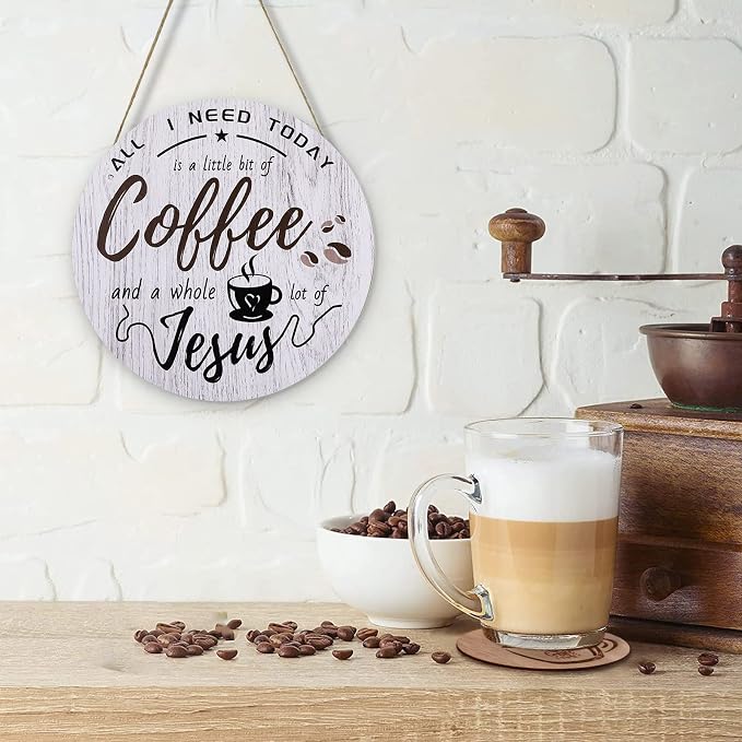 HMASYO Rustic Wood Coffee Bar Sign, 'A Little Coffee & Jesus', - Image 4