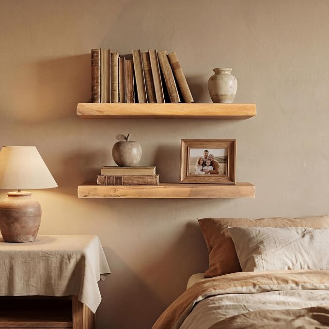 24" Live Edge Floating Shelves, 1.4" Extra Thick Solid Elm Wood Wall Shelf - Image 2