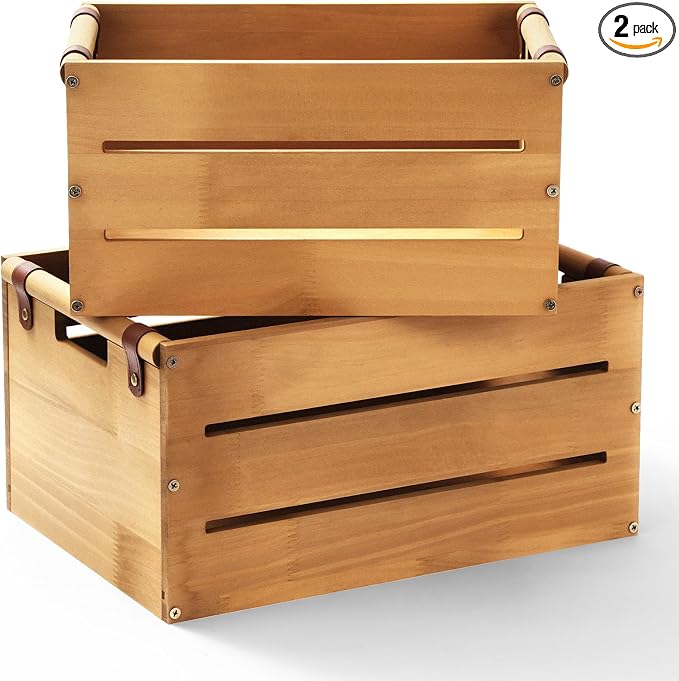 Chunful Set of 2 Rustic Wooden Crate Large Farmhouse Wood Storage Container by Chunful