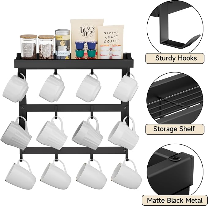 Coffee Mug Rack Wall Mounted, Rustic Metal Mug Holder Organizer - Image 2