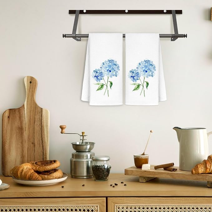 Light Blue Hydrangea Flowers Floral Kitchen Towels Set of 2 - Image 3