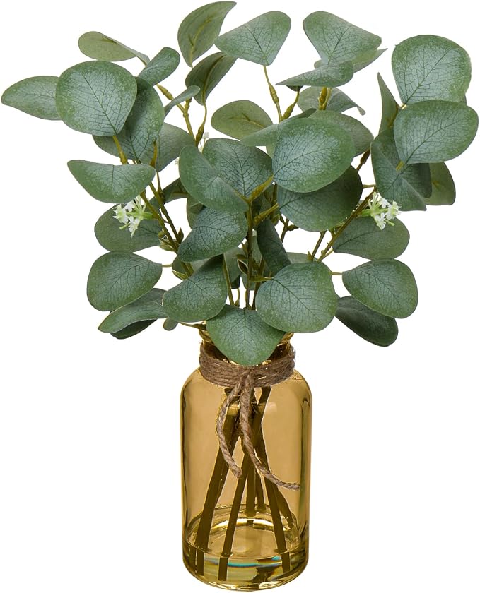 Briful Artificial Eucalyptus Stems in Amber Glass Vase by Briful