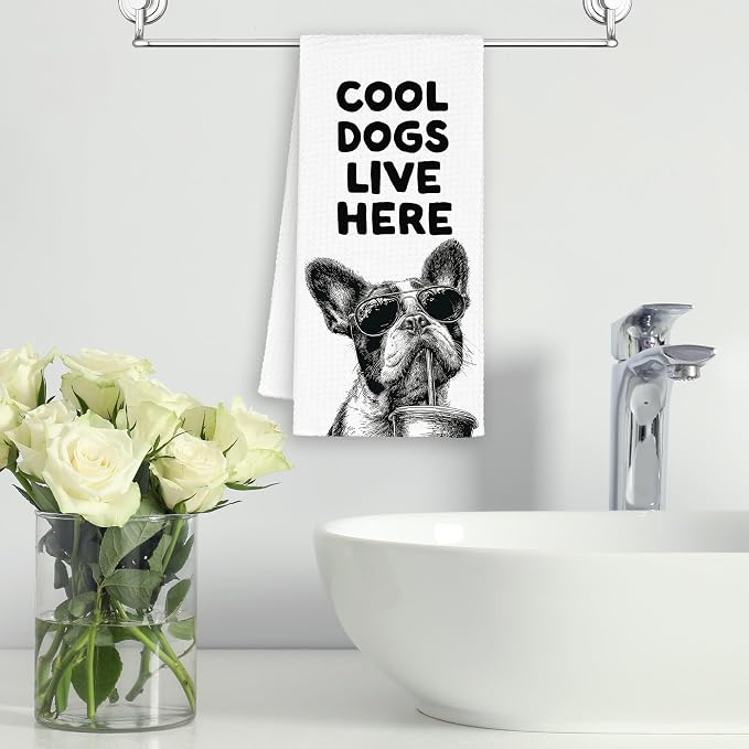 Funny Dog French Bulldog Kitchen Towels, Cool Dogs Live Here Dish Towel Gifts - Image 6
