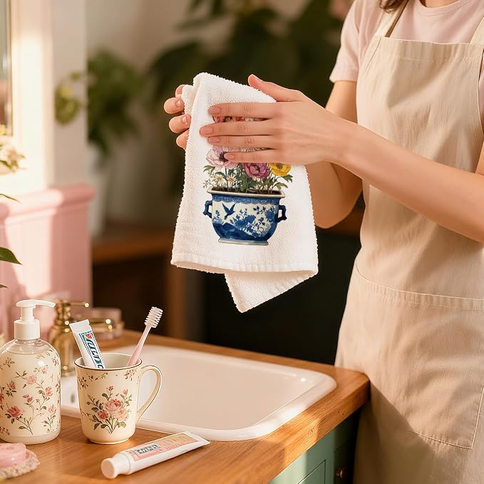 CUTHOLLOW Blue & White Porcelain Bonsai Decorative Kitchen Towels Set of 4 - Image 6
