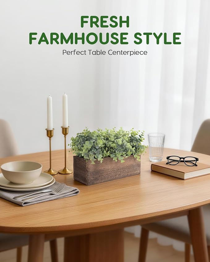 Velener 14" Artificial Eucalyptus Plants in Rustic Rectangular Wooden Planter - Image 5