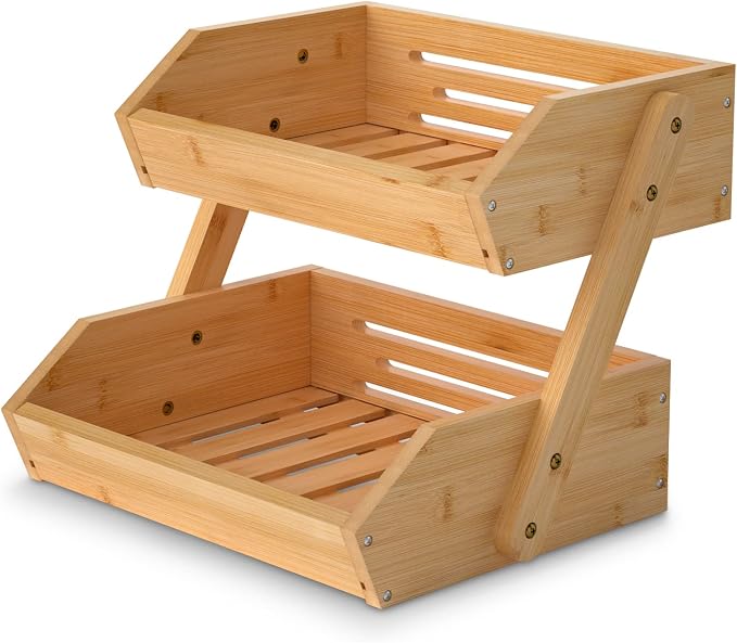 Merysen 2 Tier Fruit Basket For Kitchen, Bamboo Vegetable Storage Bowl Stand by GaHOMEFAVOR