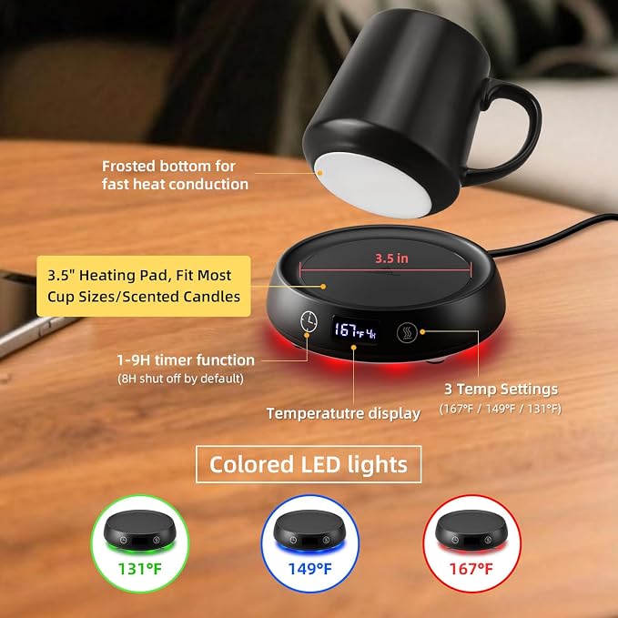 Coffee Mug Warmer & Simple Black Mug Set, 1-9H Delay Start Timer Smart Heated - Image 5