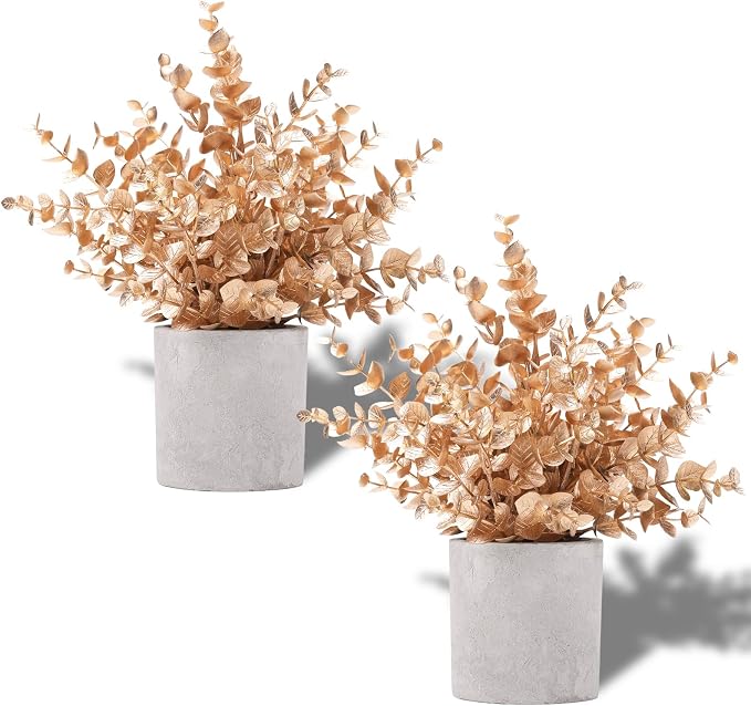Coferset 2 Pack Gold Eucalyptus Small Fake Plants Potted Artificial Plants by Coferset