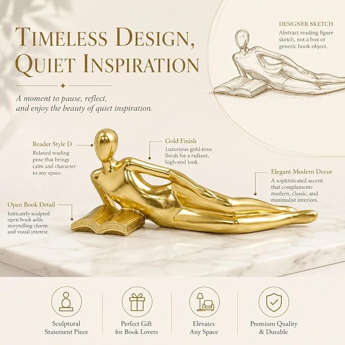 Gold Reading Statue Style D, Abstract Reader Figurine, Resin Book Decor - Image 7