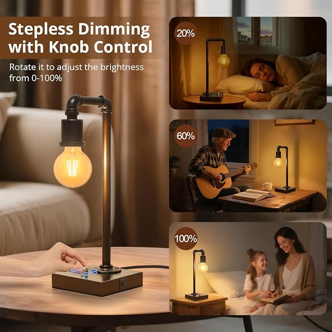 Industrial Table Lamp for Bedroom, Fully Dimmable Bedside Lamp - Image 2