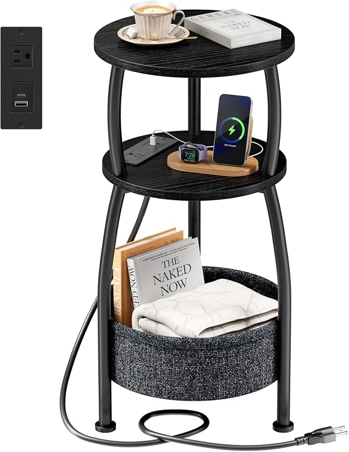 Round Side Table with Power Outlets, Small Coffee Table with S Basket, Space by designyourhome