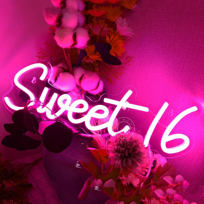 SYLHOME Pink Sweet 16 LED Neon Light Sign Sweet Girls Adults Bedroom Happy 16th - Image 6