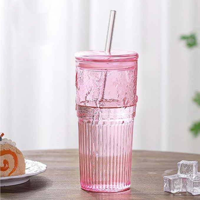 JunVpic Glass Coffee Cups with Lids and Straws, 20 OZ Pink Iced Water Glasses - Image 4