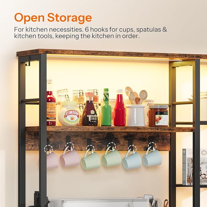 HOOBRO Bakers Rack with Power Outlet and LED Light, Microwave Stand with - Image 7