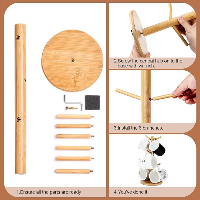 Bamboo Mug Tree Holder, Upgraded Screw Type 6 Hooks Coffee Mug Holders - Image 3
