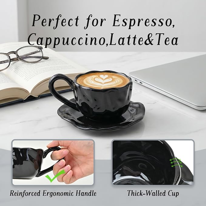 Ceramic Espresso Cups with Saucers 6 oz, Coffe Cups - Image 4