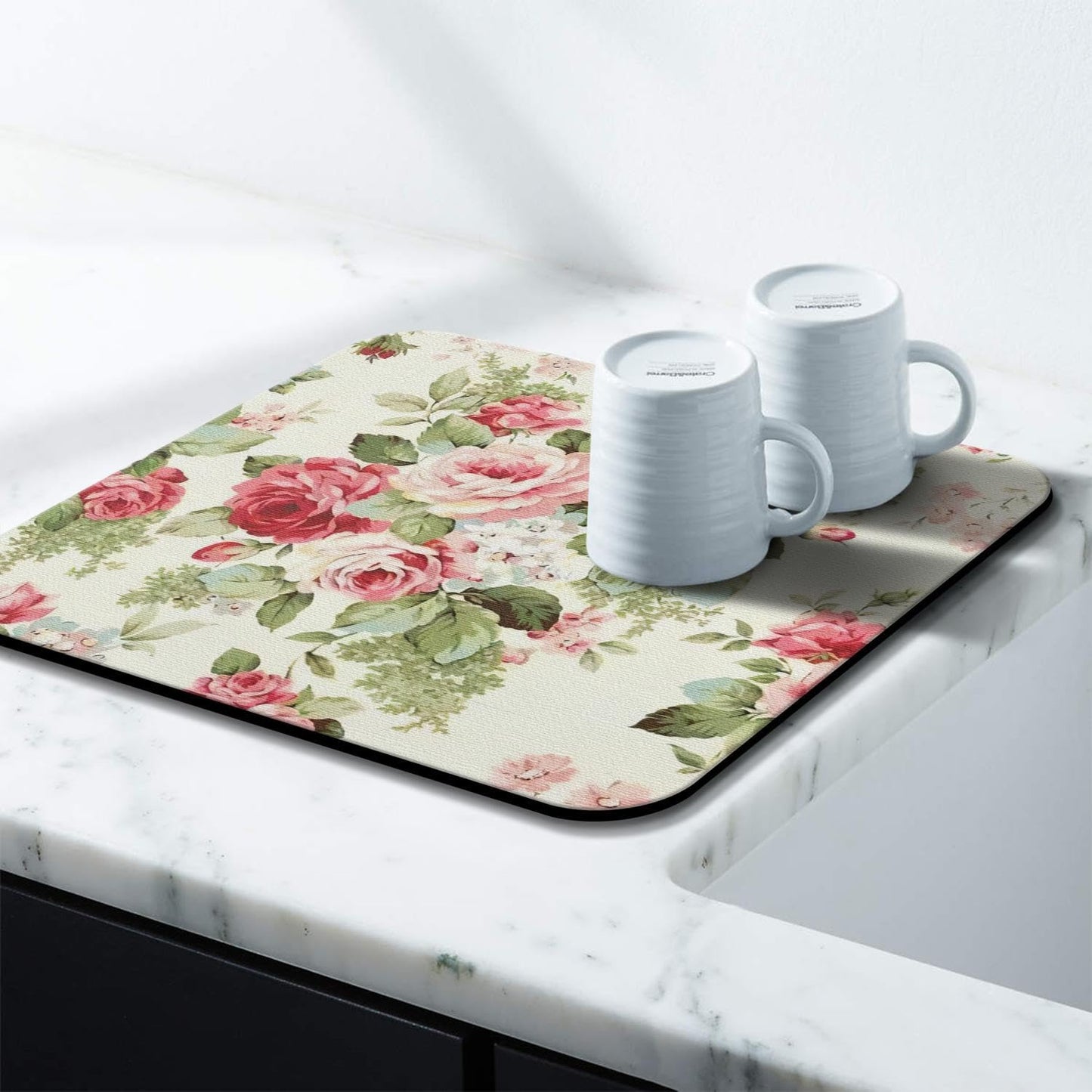 Dish Drying Mat for Kitchen Counter 16x18in Red Roses Floral Washable Quick Dish Drying Pad Rubber Backed Absorbent Draining Mat