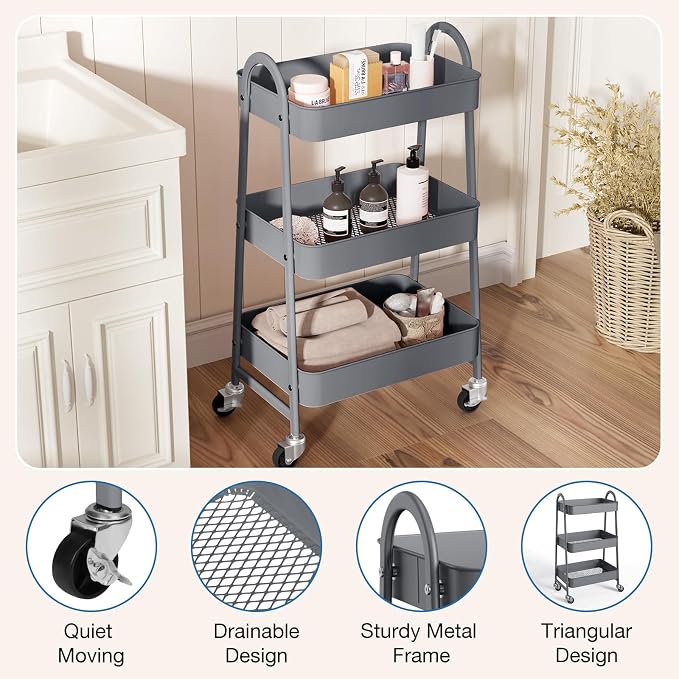 OLIXIS Metal Utility Cart, Mobile Rolling Storage Shelf - Image 2