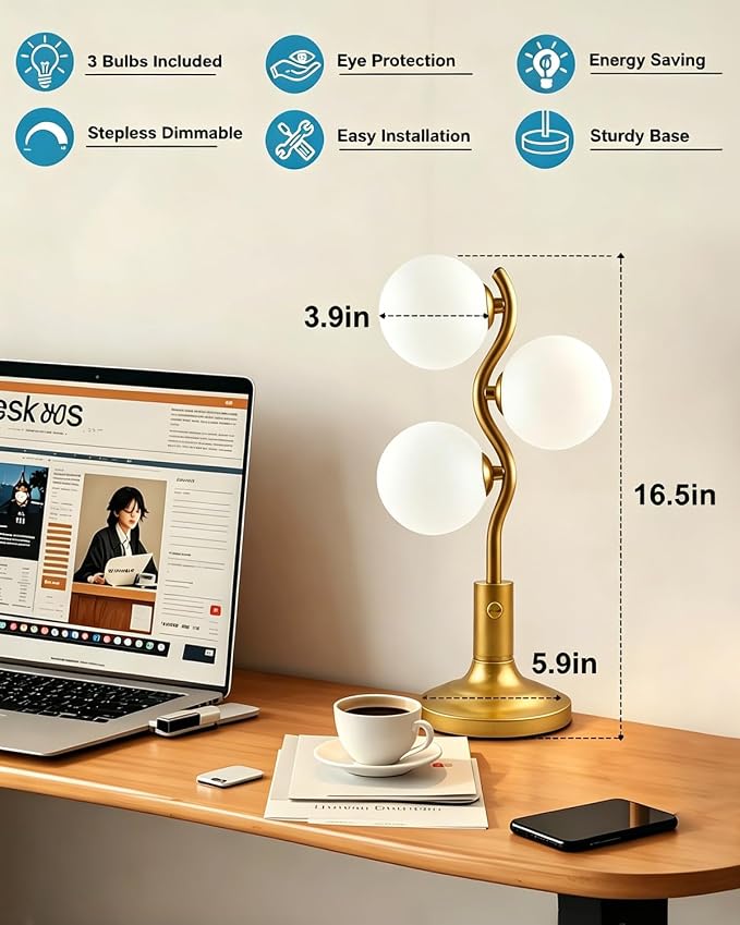 Lightdot Mid Century Globe Table Lamp Dimmable Modern 3 Lights Gold Desk Lamp - Image 5