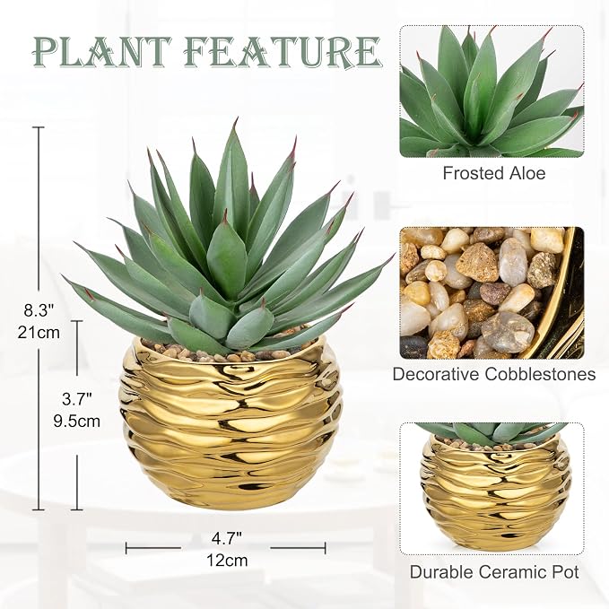 Briful Artificial Succulent Plant in Gold Pot, 8.3” Tall Faux Agave Plants - Image 3